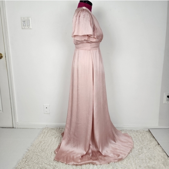 Baltic Born Dress Rose Prague Satin Maxi Deep V Neck Smocked Waist Size L - Picture 5 of 16